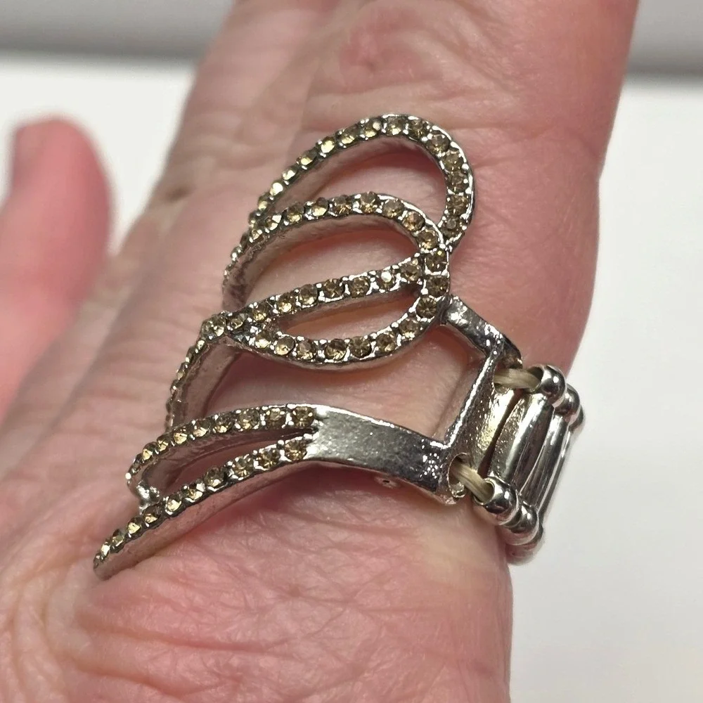 New Rhinestone Statement Ring Silver Tone Gold Stretch Band Wavy Layer Cocktail‎